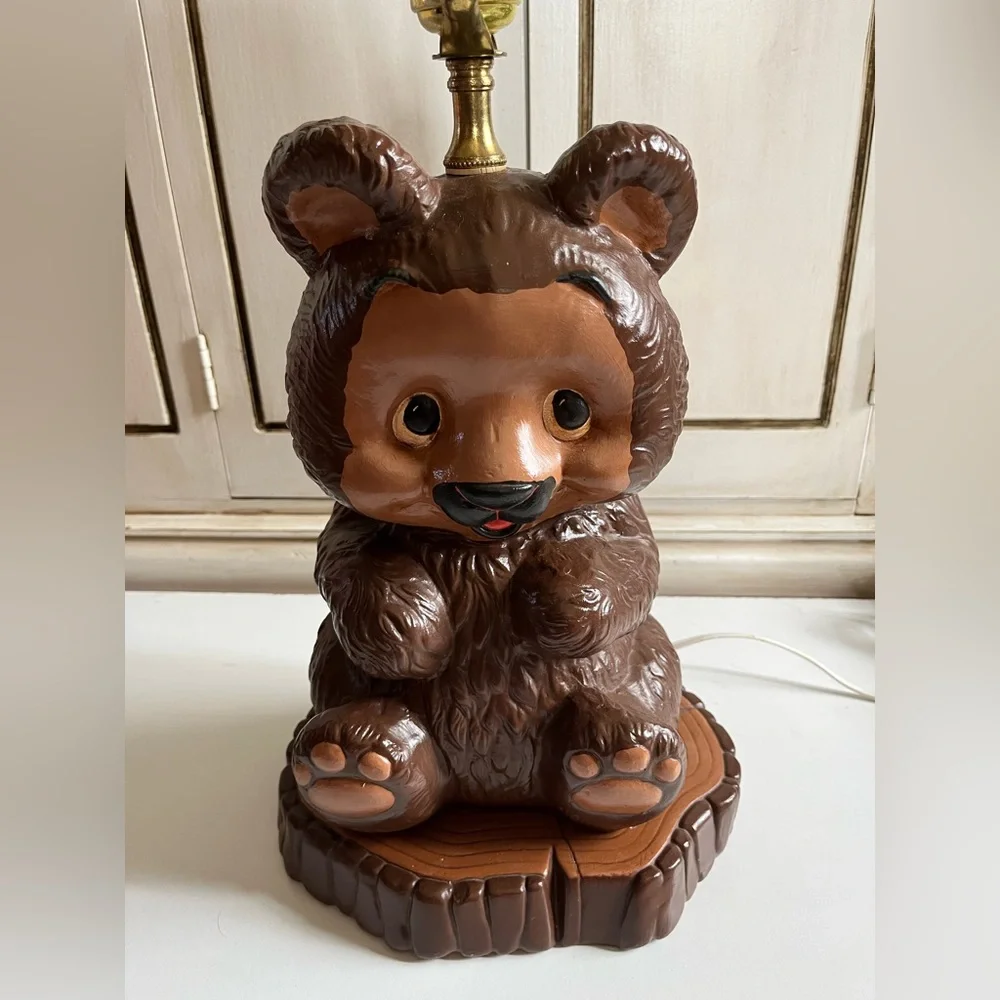 Vintage Bear on tree stump Lamp Teddy Bear Nursery Decor Cabin Rustic Whimsy